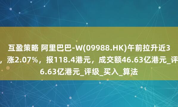 互盈策略 阿里巴巴-W(09988.HK)午前拉升近3%，消息面上，涨2.07%，报118.4港元，成交额46.63亿港元_评级_买入_算法