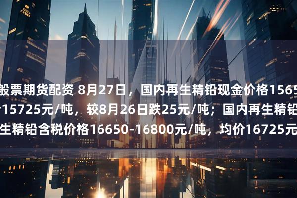 般票期货配资 8月27日，国内再生精铅现金价格15650-15800元/吨，均价15725元/吨，较8月26日跌25元/吨；国内再生精铅含税价格16650-16800元/吨，均价16725元/吨，较8月26日持平。